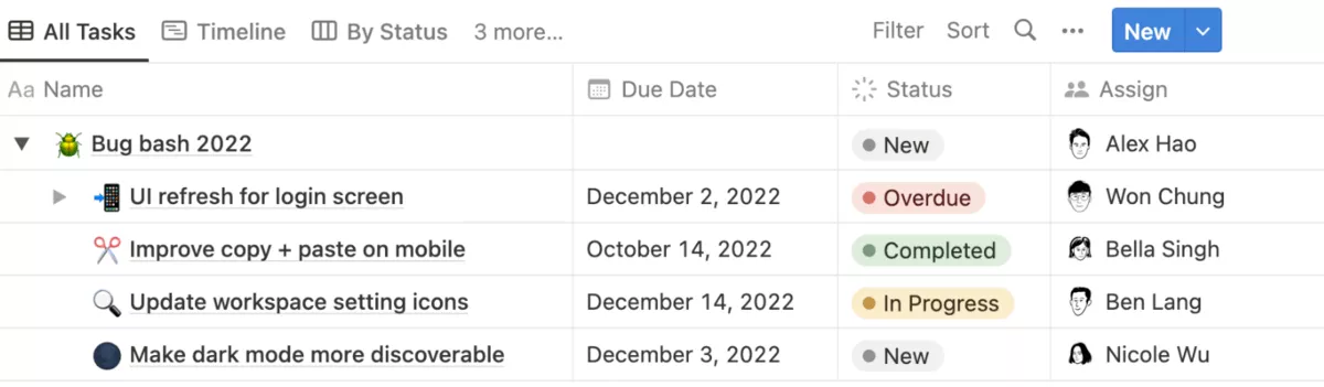 A screenshot of a project management software displaying a task list view with due dates, statuses, and assigned team members, tailored for architecture project management software.